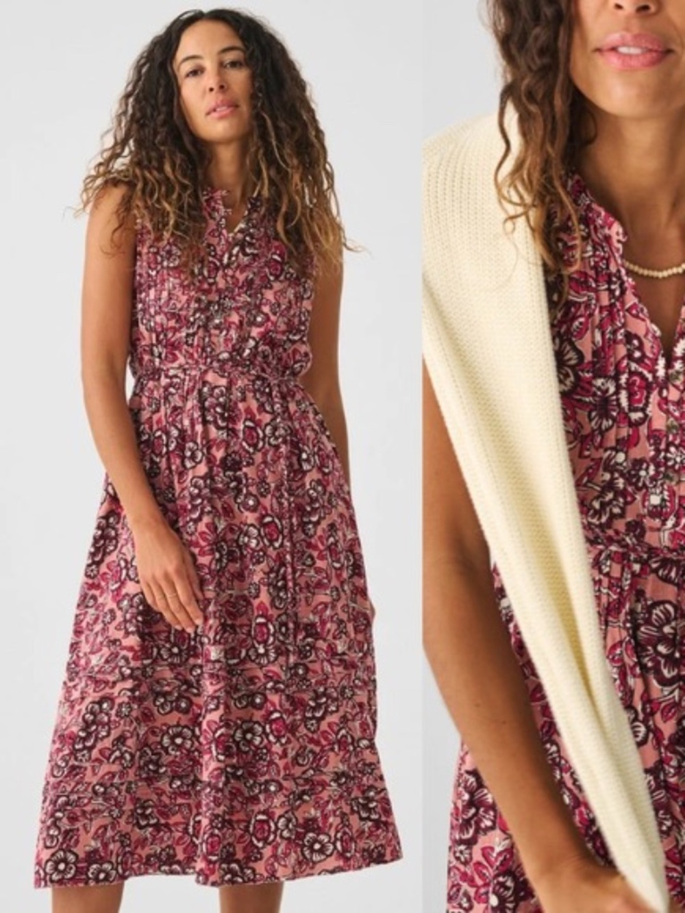Faherty Isha Floral Linen Blend Midi Dress, small, sleeveless, midi, pockets